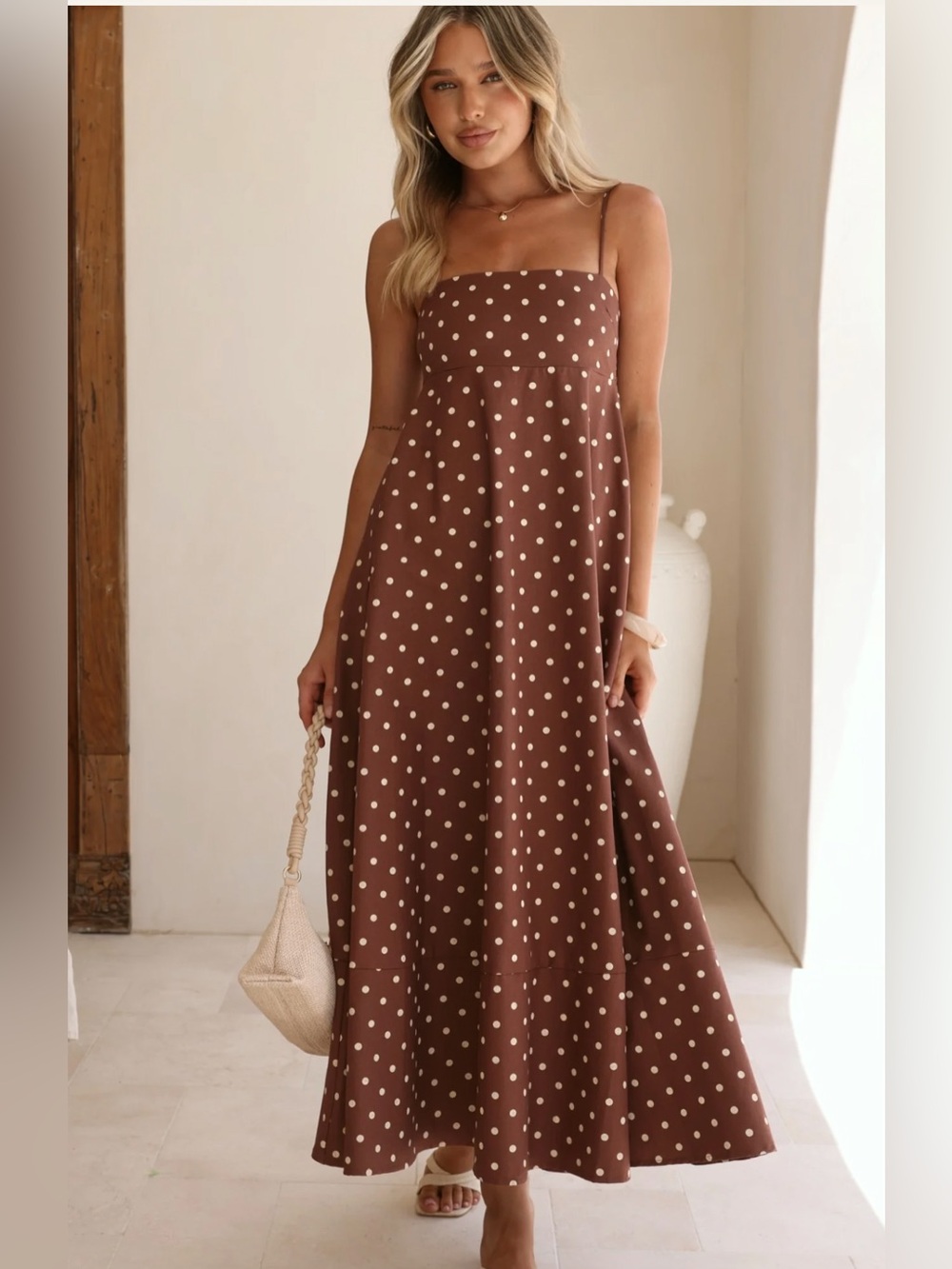 Brown Polka Dot Maxi Dress with Spaghetti Straps